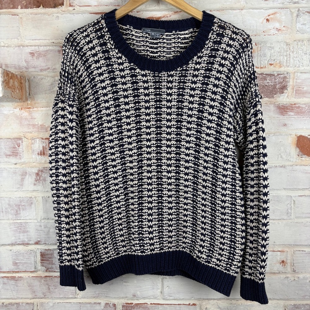 Vince Marled Knit Crewneck Sweater Womens Size XS Navy Cream Cotton Chunky Cozy - Picture 1 of 7